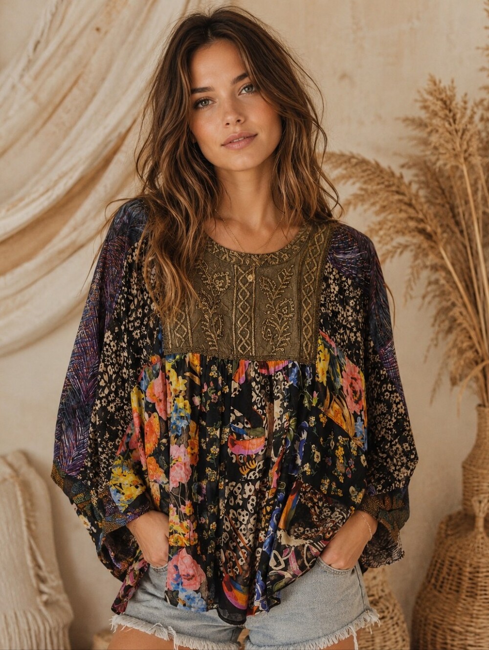 443.Bohemian Floral Patchwork Embroidered Peasant Top